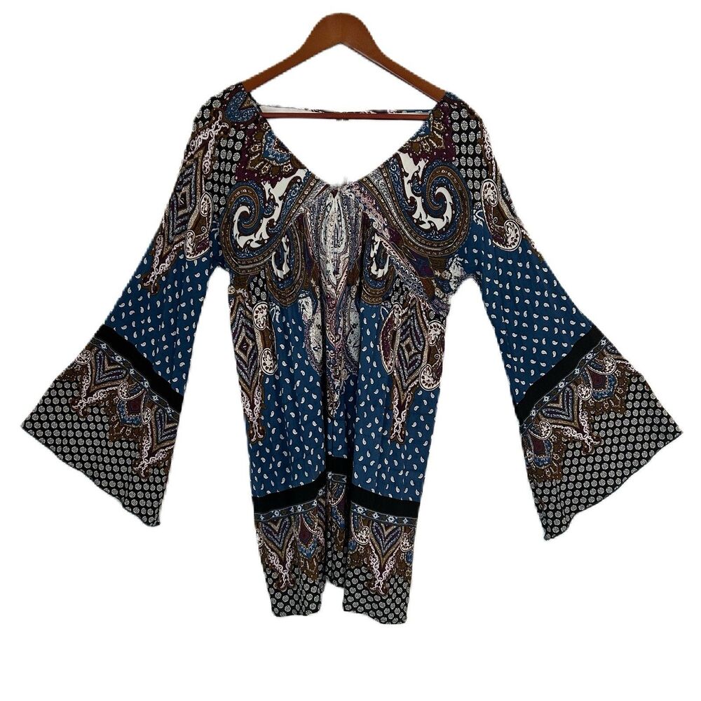 Boho Paisley Blue Bell-Sleeve Dress